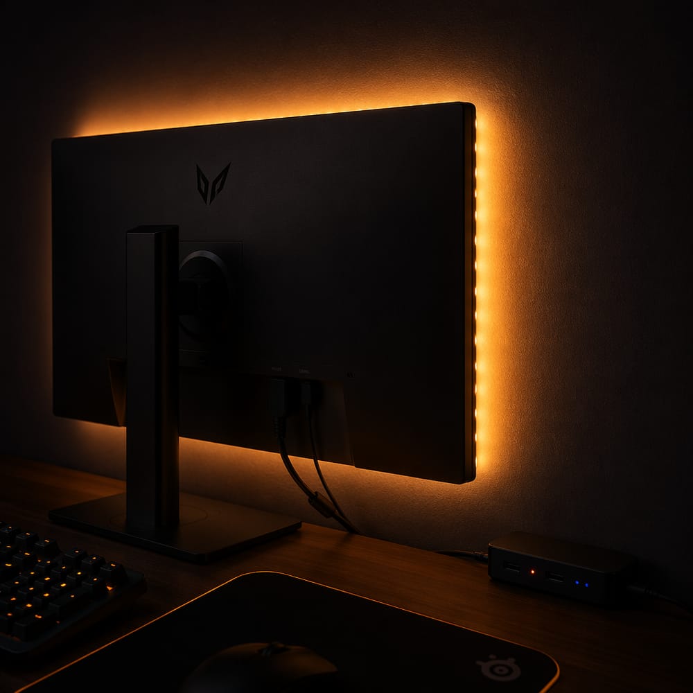 Aura de luz ámbar detrás del monitor por la noche
