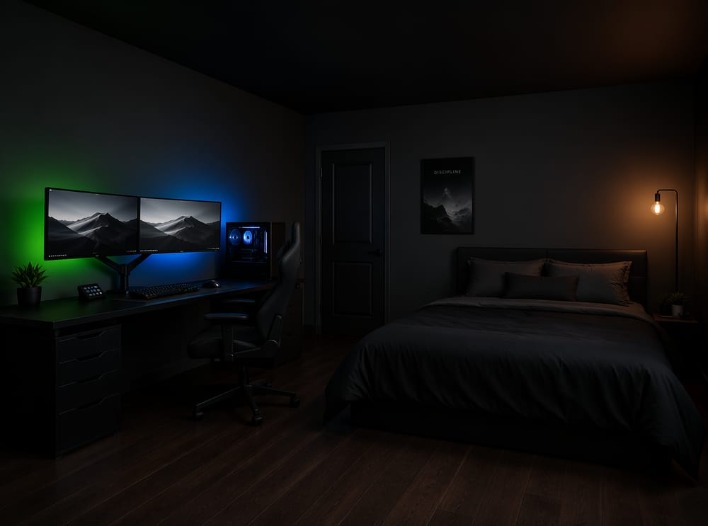 Paredes gris carbón con brillo RGB verde-azulado del monitor