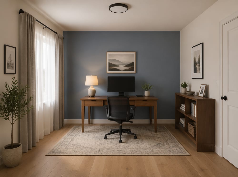 Dusty blue accent wall framing the desk center