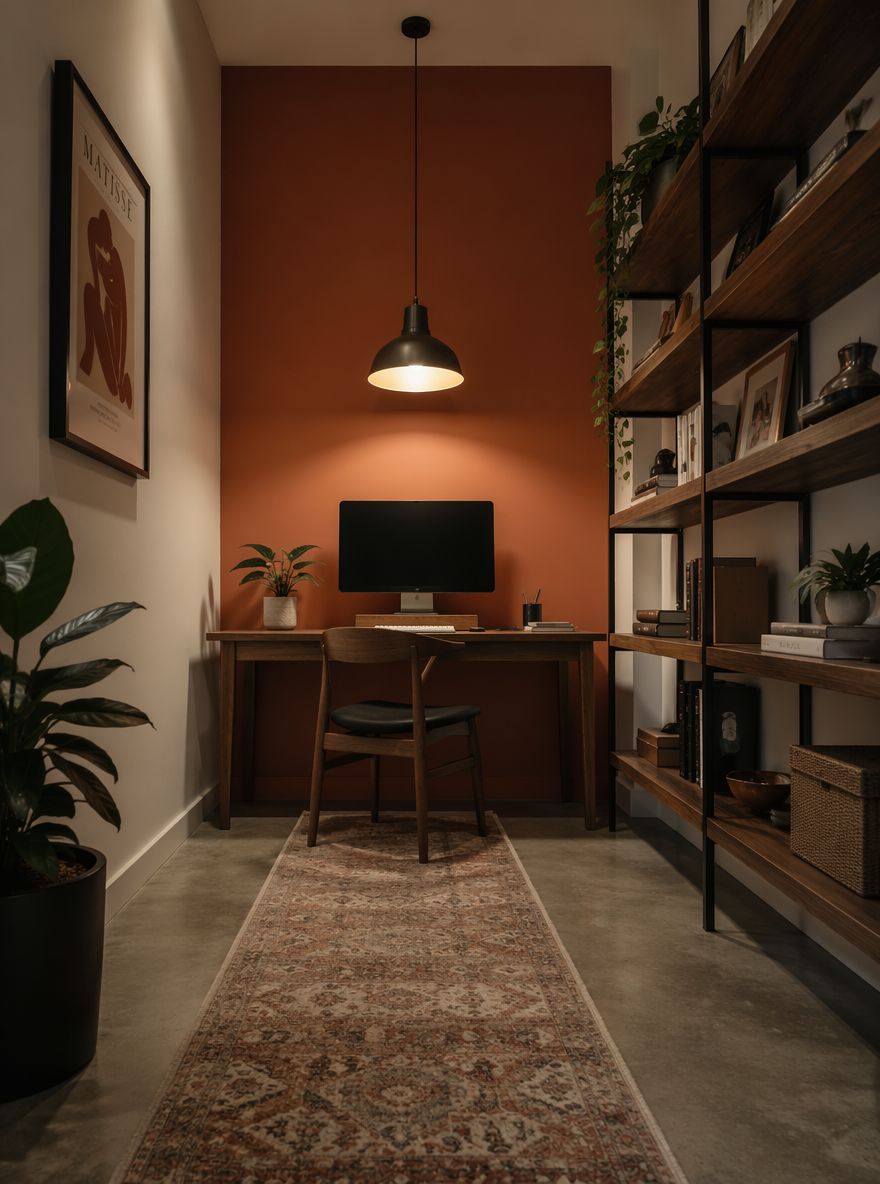 Terracotta accent wall behind a minimal desk