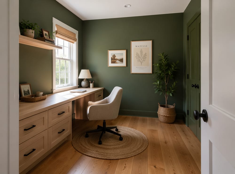 Sage green walls anchoring a built-in desk setup