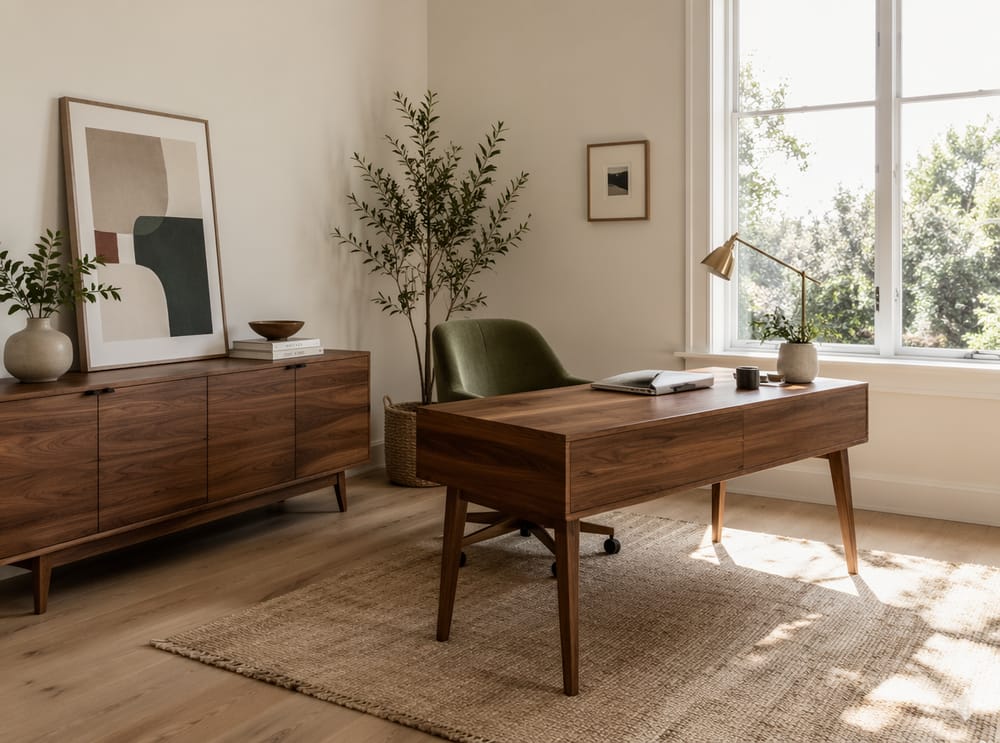 Corner desk angled toward the room in pale white
