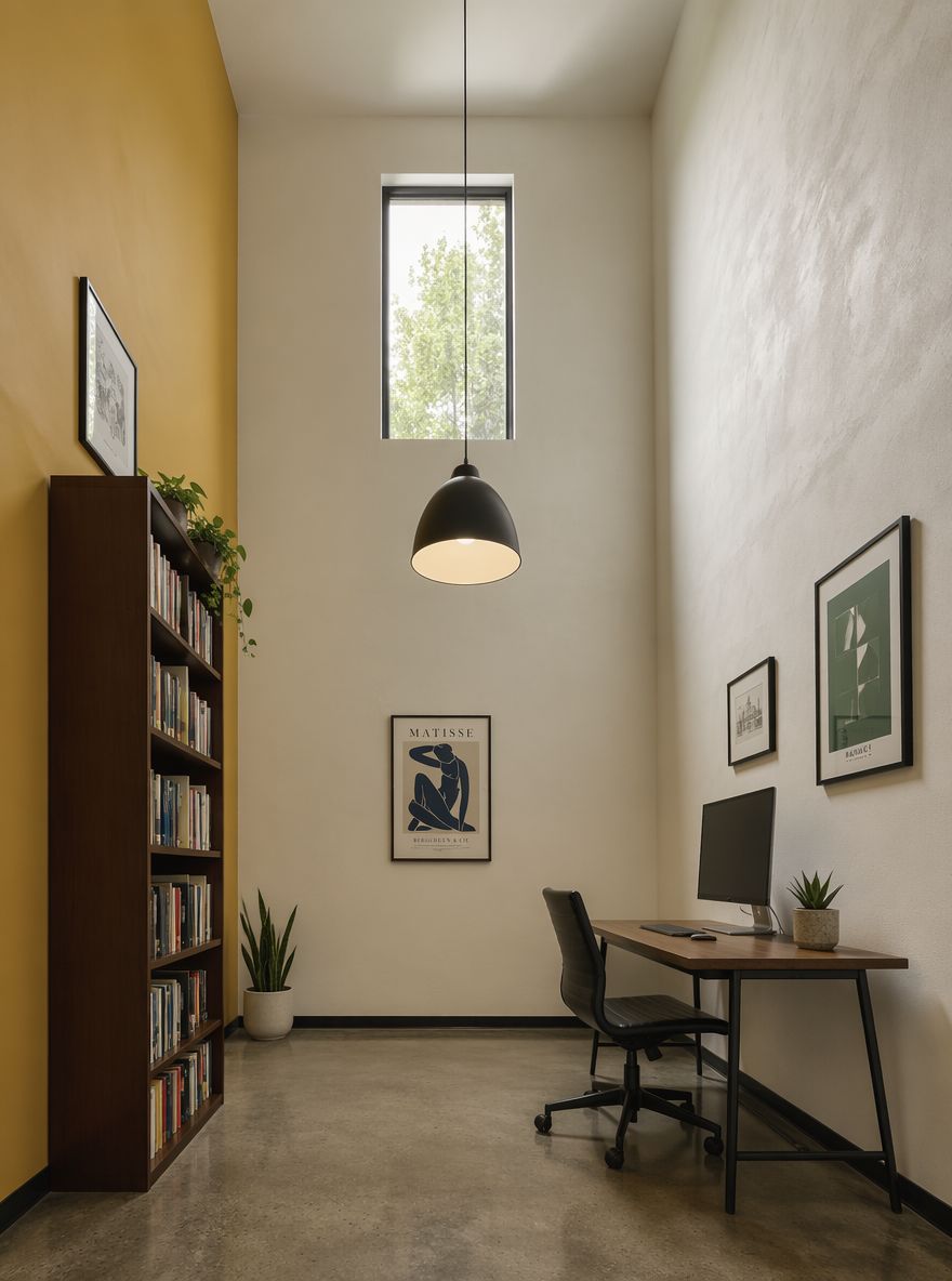 Muted mustard side wall beside tall bookcase