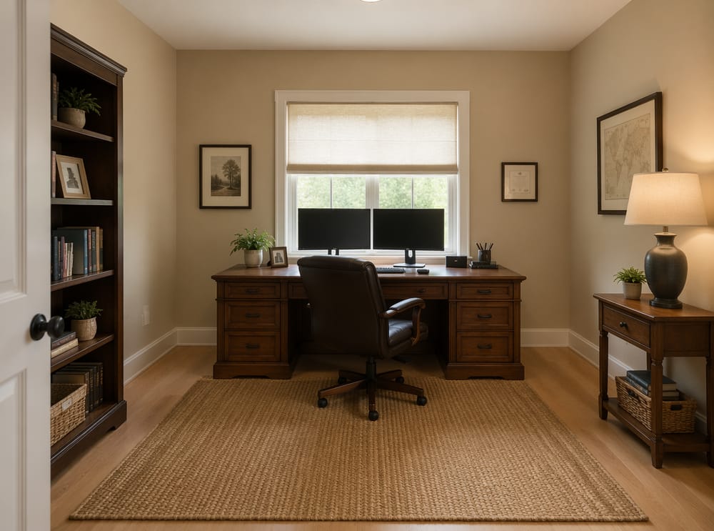Stone beige walls with dual-monitor desk setup