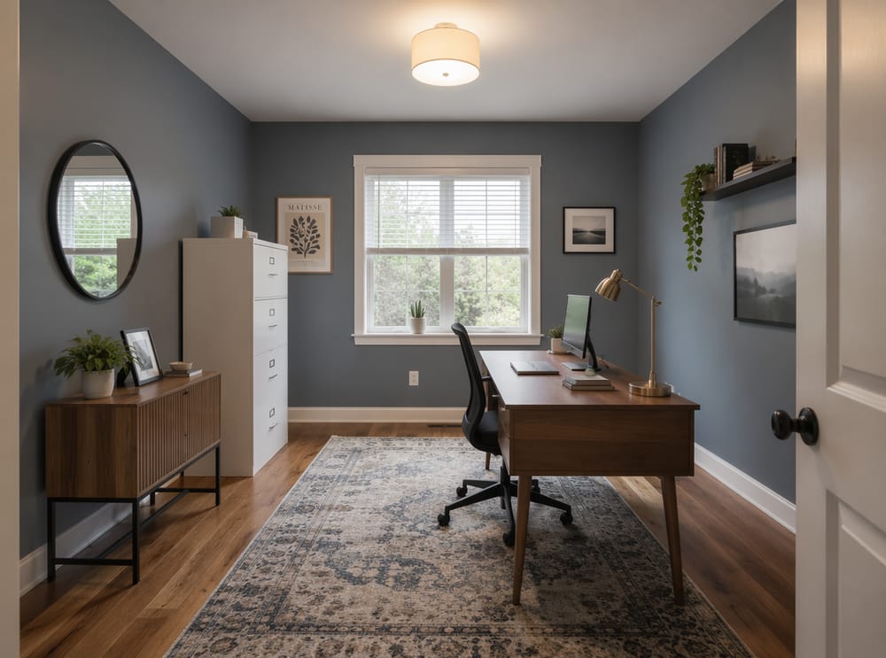 Slate blue-gray walls in a converted spare room