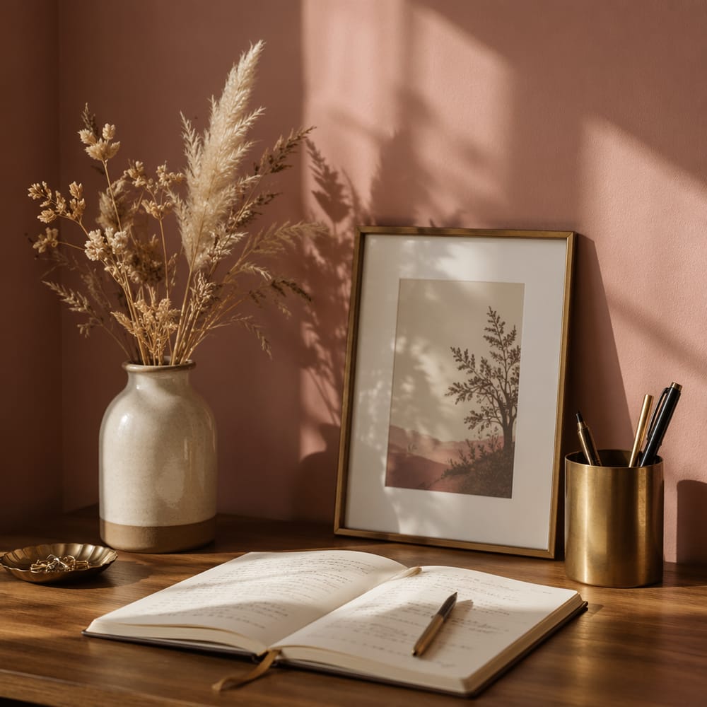 Dusty rose wall behind a styled desk surface