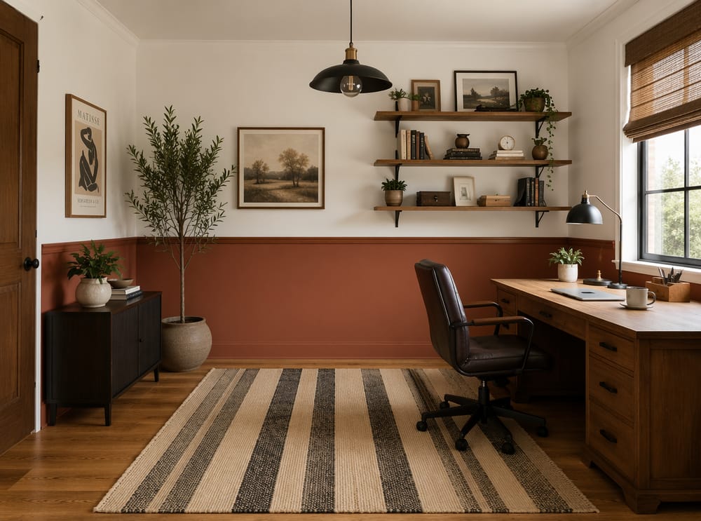 Two-tone clay and white wall with desk beneath window