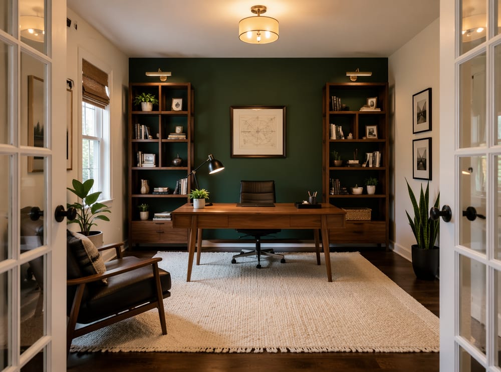 Forest green accent wall flanked by walnut shelving