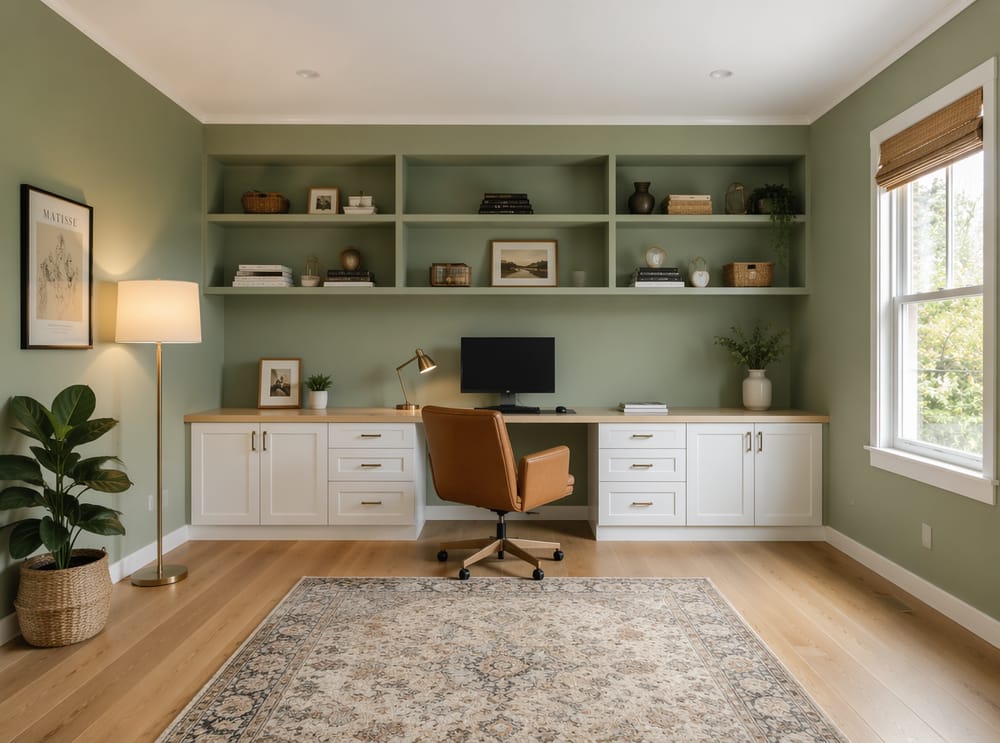 Sage green walls with full built-in desk wall