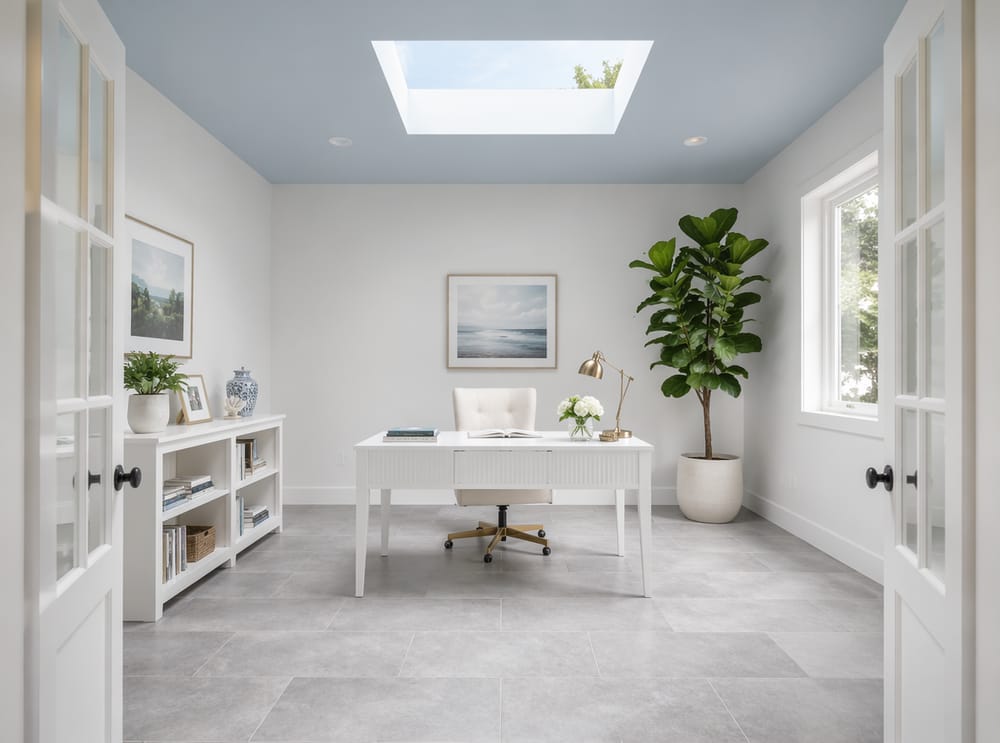 Powder blue ceiling over a centered white desk