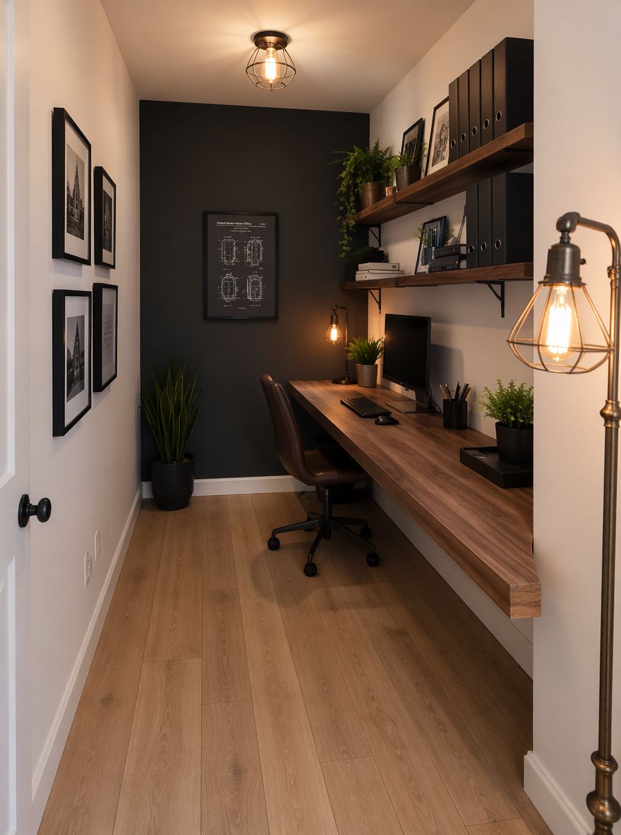 Charcoal gray far wall in a narrow office