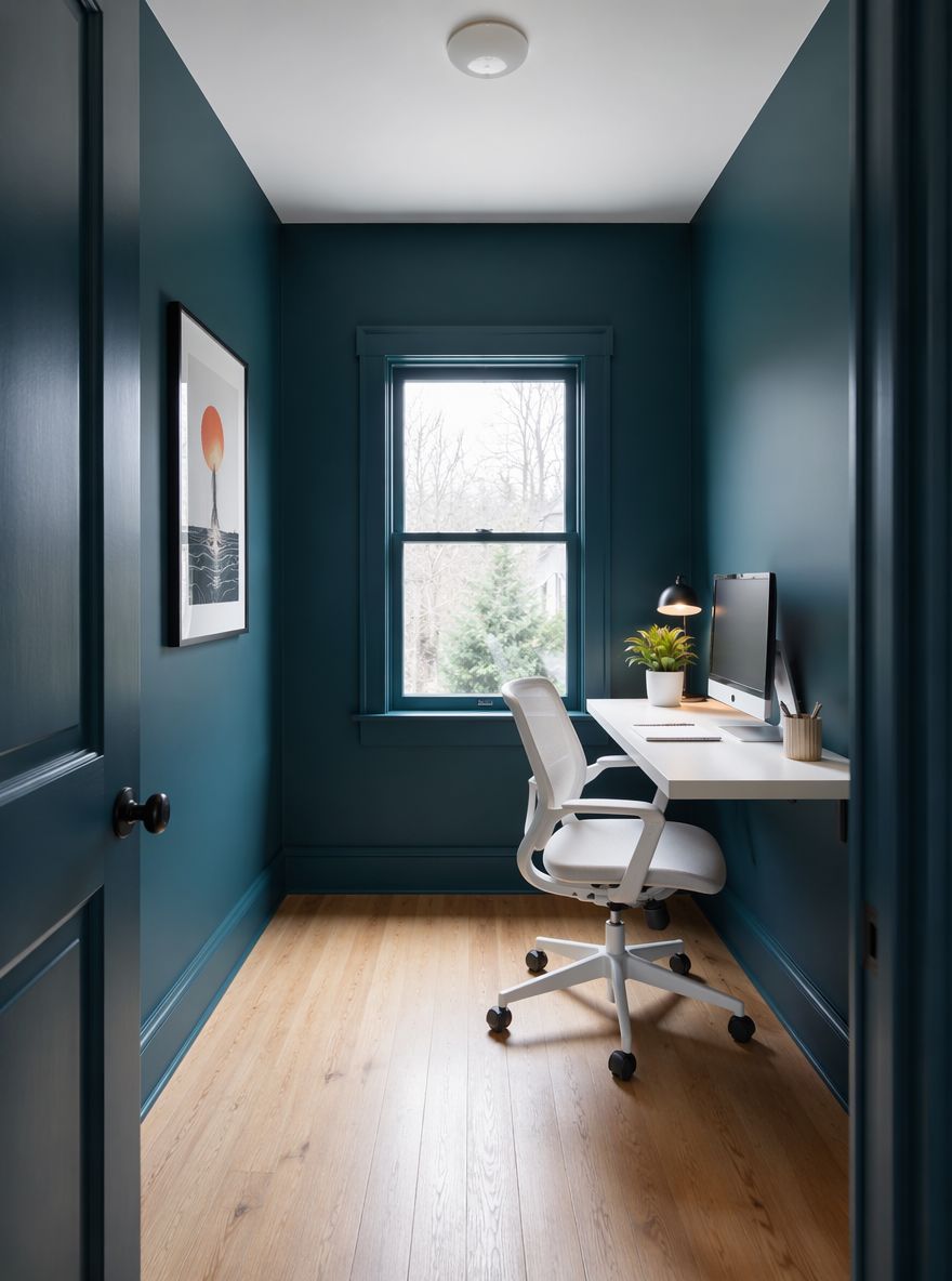 Deep teal walls wrapping a compact floating desk