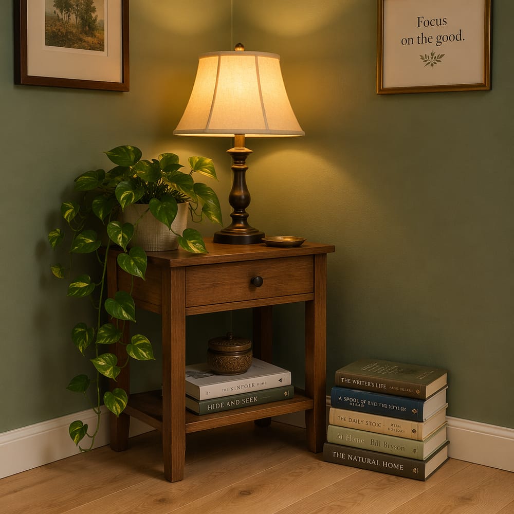 Corner lamp detail against sage green walls