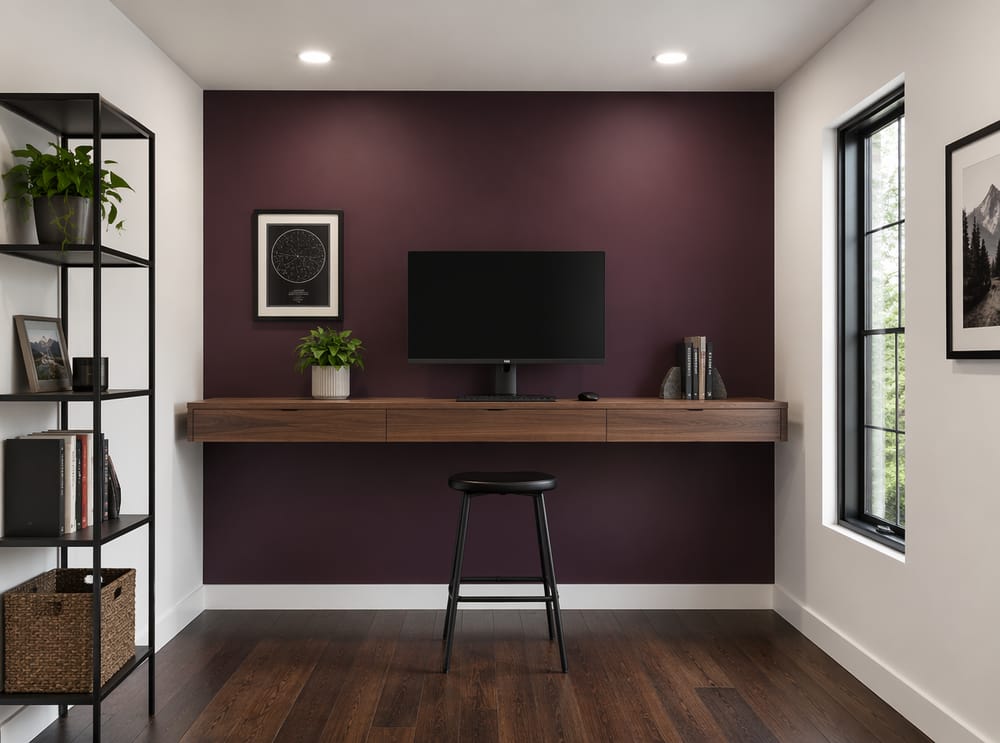 Deep plum wall behind a standing-height walnut desk