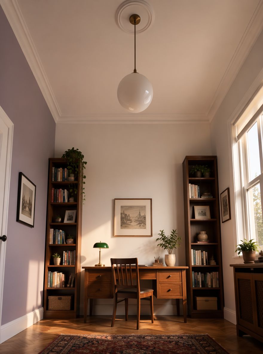 Lavender gray wall reflected in a warm-lit office