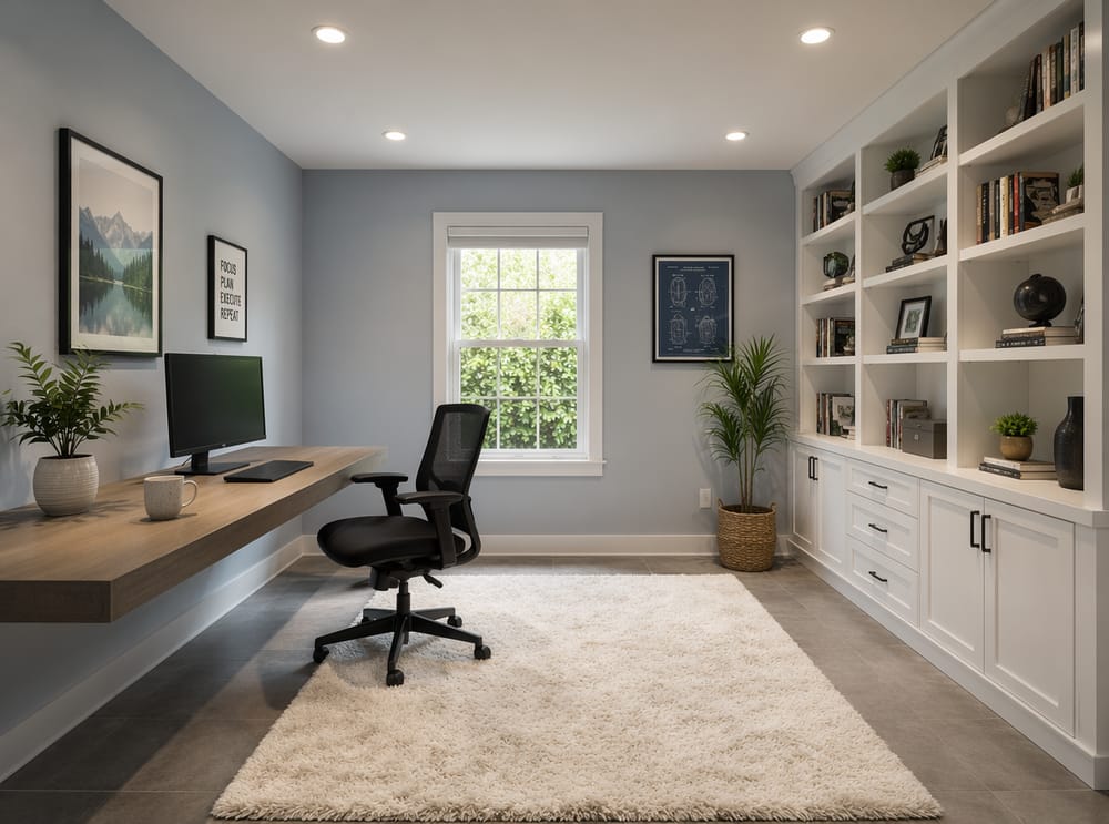 Cool gray-blue walls with floating desk and bookcase