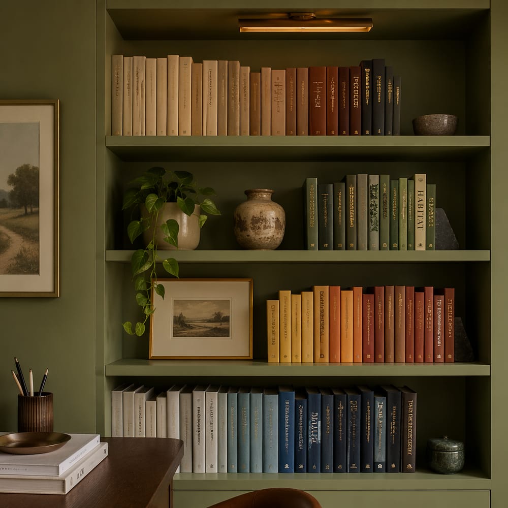 Tonal sage green shelves blending into the wall