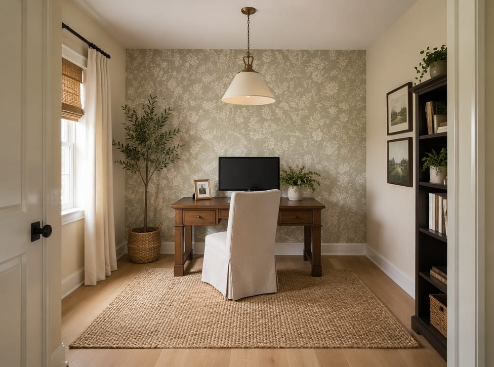 Botanical wallpaper accent wall behind a wooden desk