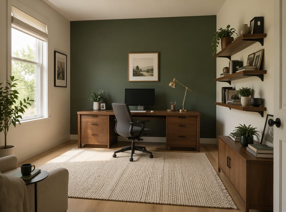 Matte dark green single wall behind centered desk
