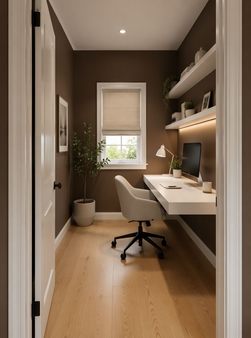 Dark mocha walls contrasting white desk and shelves