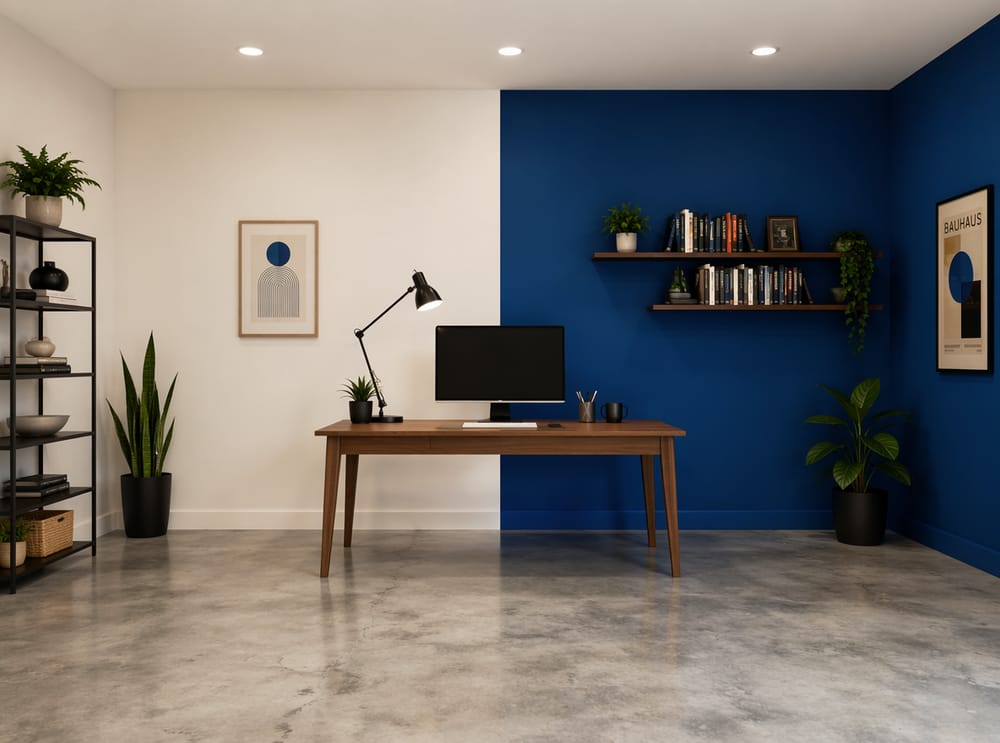 Bold cobalt blue half-wall dividing the workspace