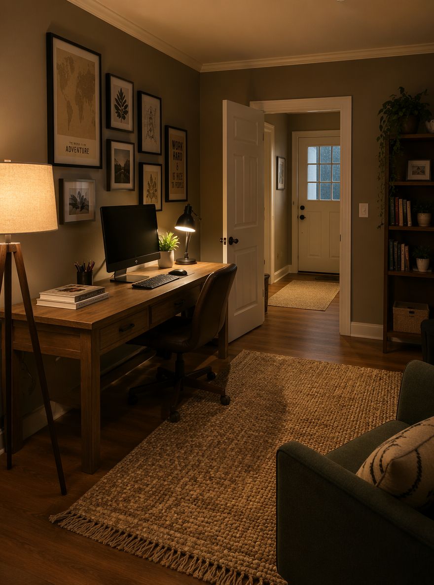 Warm taupe walls with gallery wall above desk