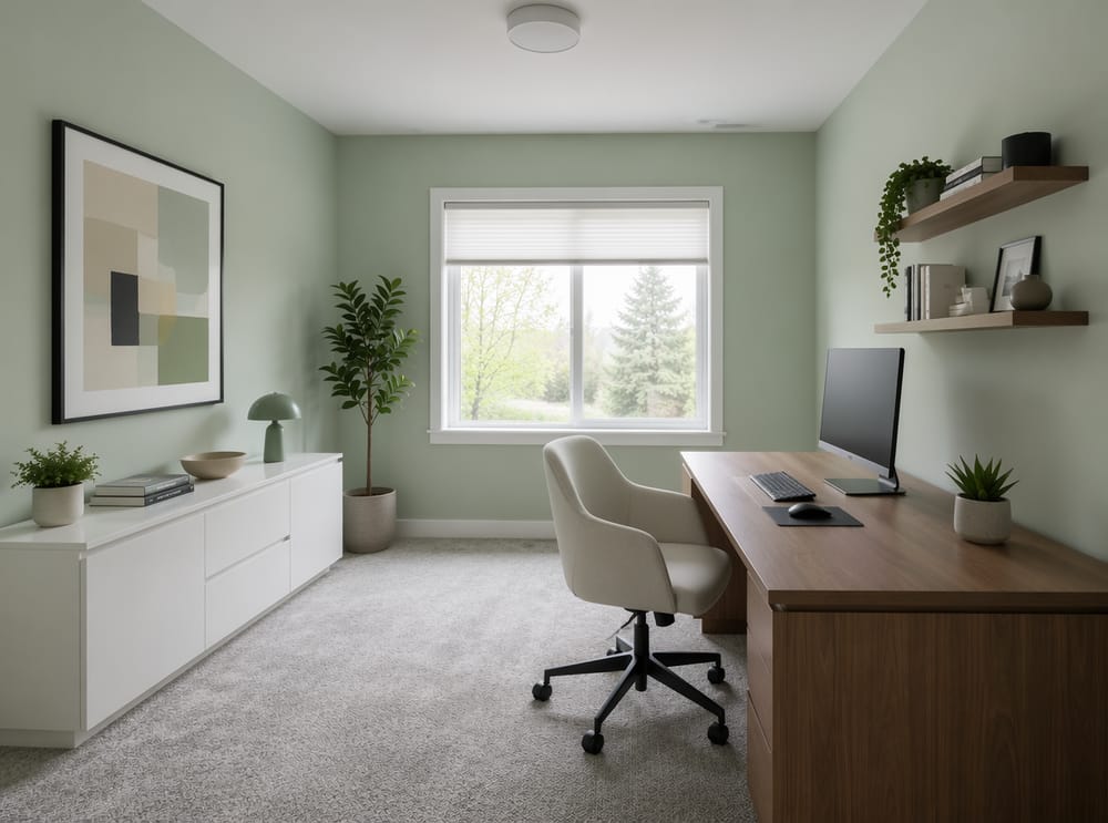 Pale mint walls with white lacquer credenza