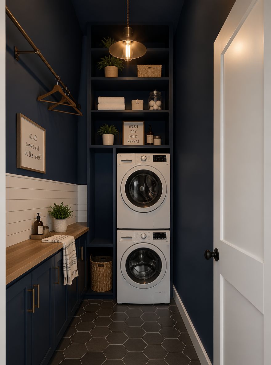 Deep navy walls with stacked machines below shelving
