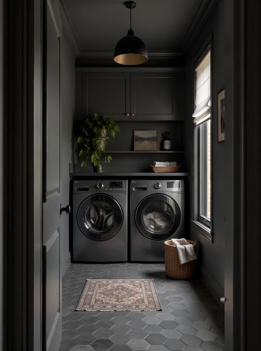 Charcoal walls hiding clutter in built-in cabinetry