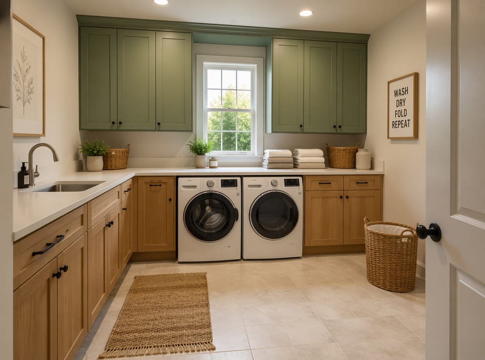 Sage upper cabinets over oak lower units