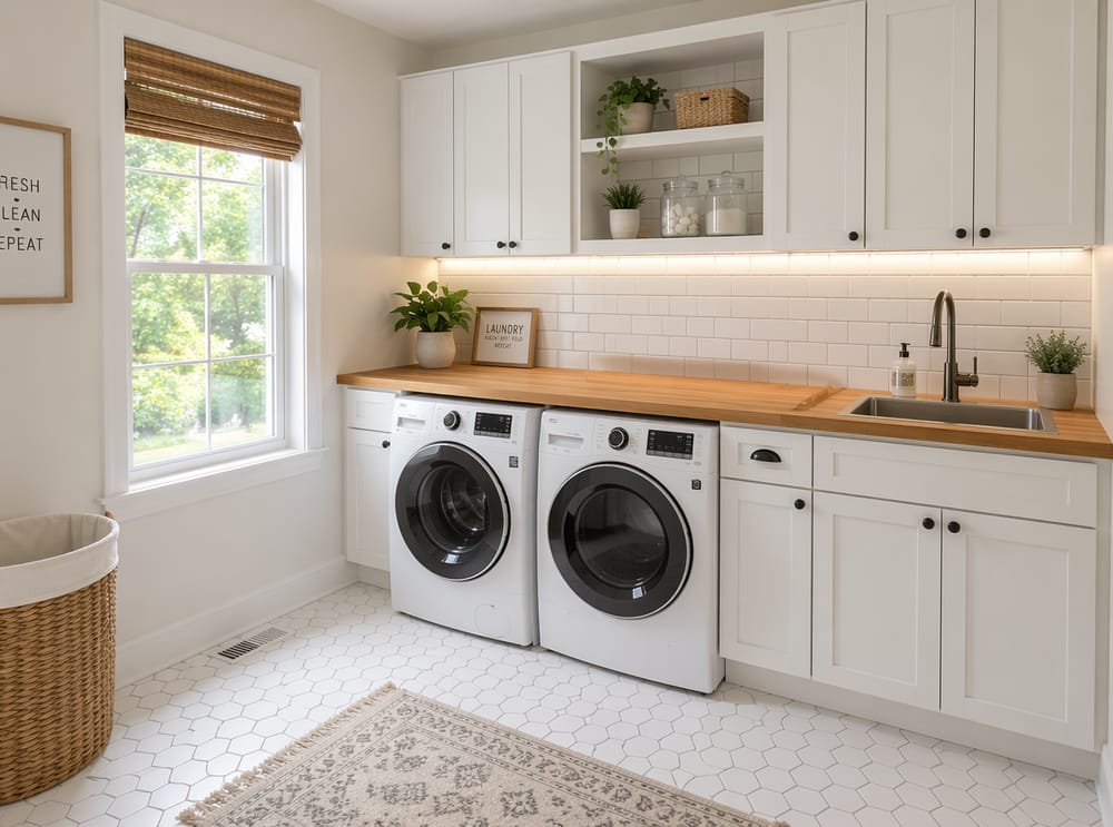 Crisp white subway tile and butcher-block counter