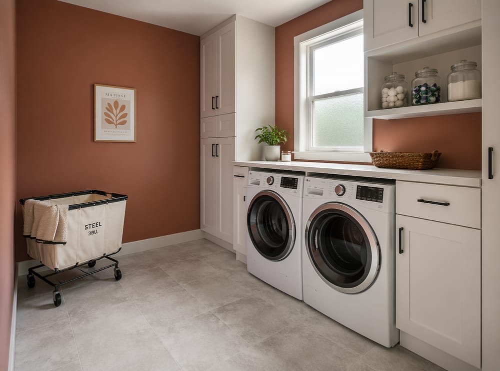 Terracotta accent wall beside white cabinet alcove
