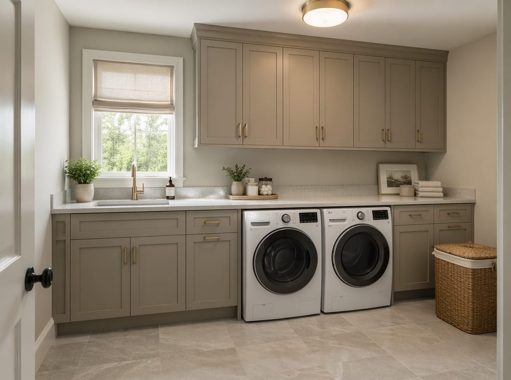 Warm greige cabinetry with matte brass hardware
