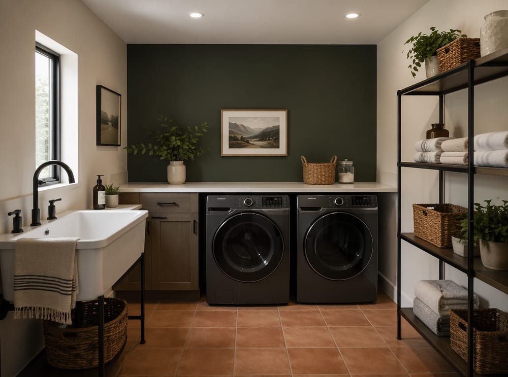 Forest green accent wall behind side-by-side machines