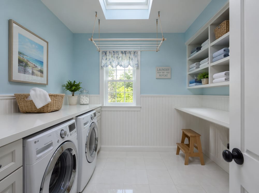 Powder blue walls with beadboard wainscoting detail