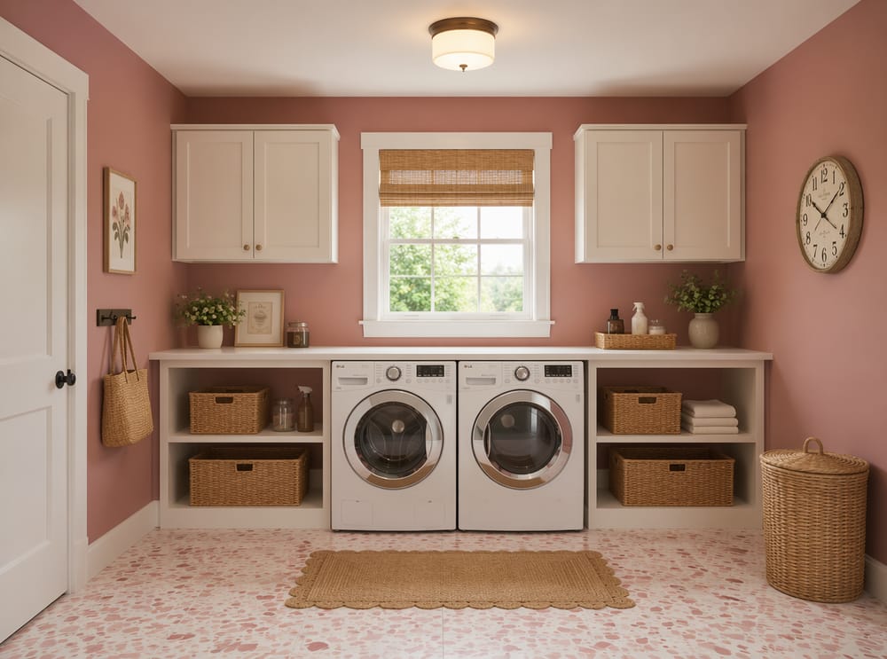 Dusty rose walls with rattan basket lower shelving