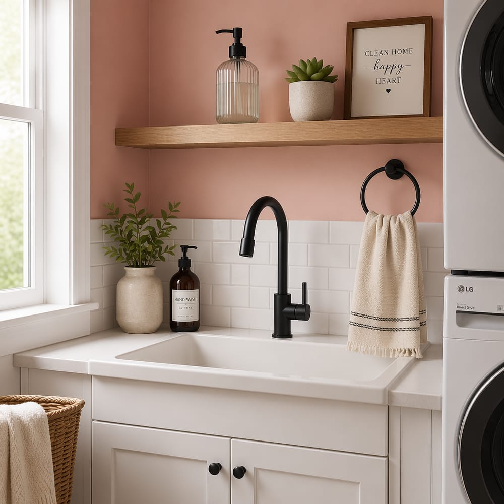 Blush pink wall above a utility sink corner