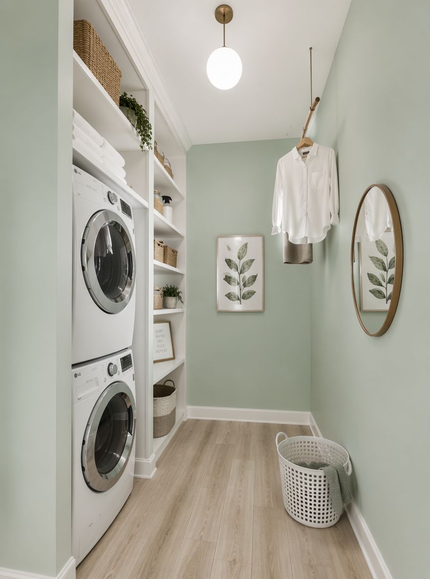 Mint green walls with floor-to-ceiling storage shelving
