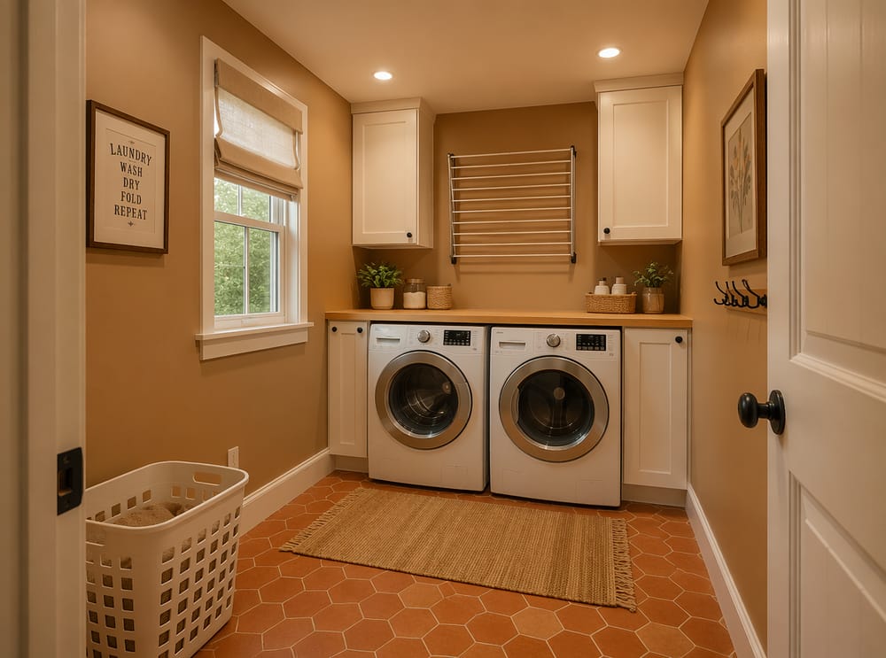 Warm caramel tan walls with wall-mounted drying rack