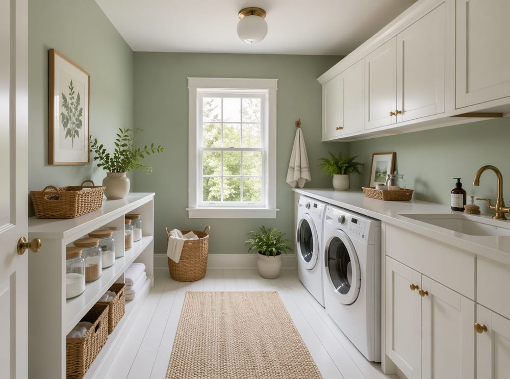 Soft sage walls with botanical print and brass knobs