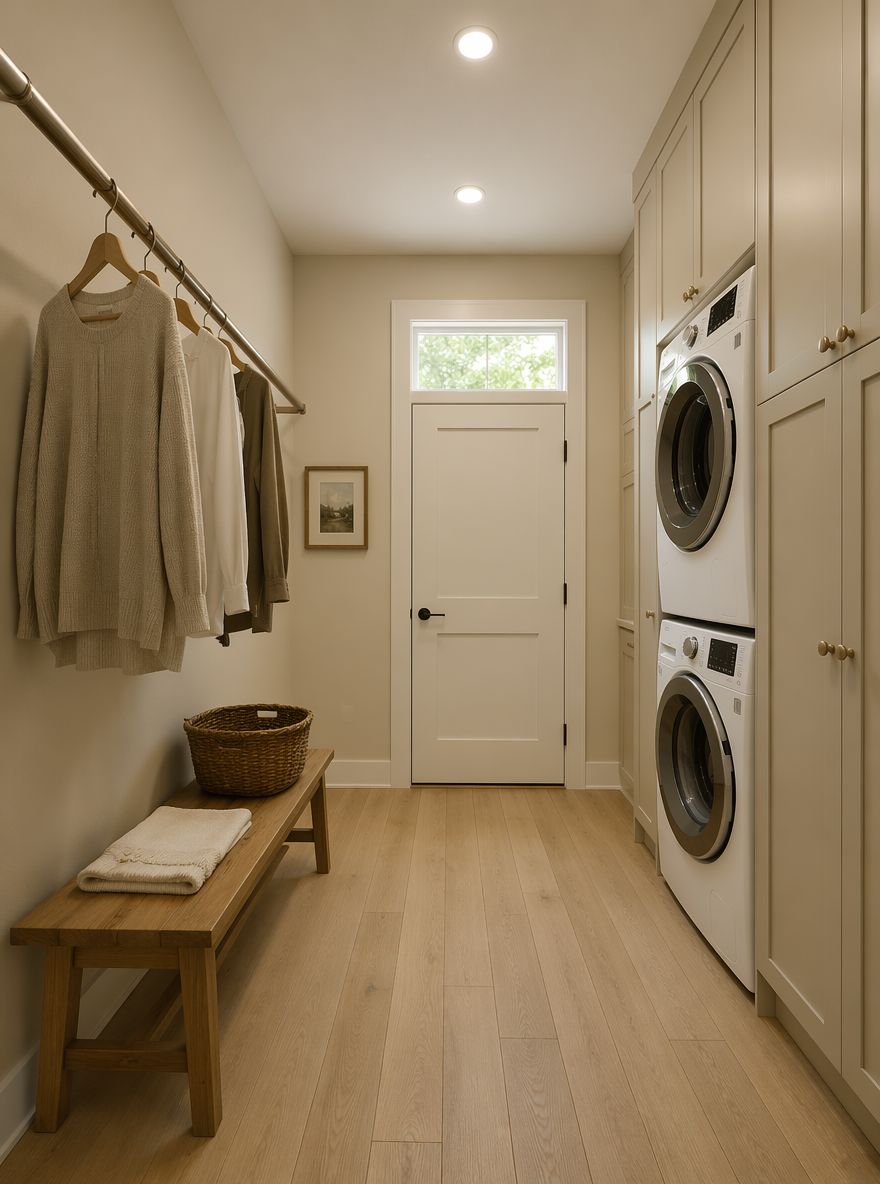 Linen beige walls with a ceiling-height hanging rod