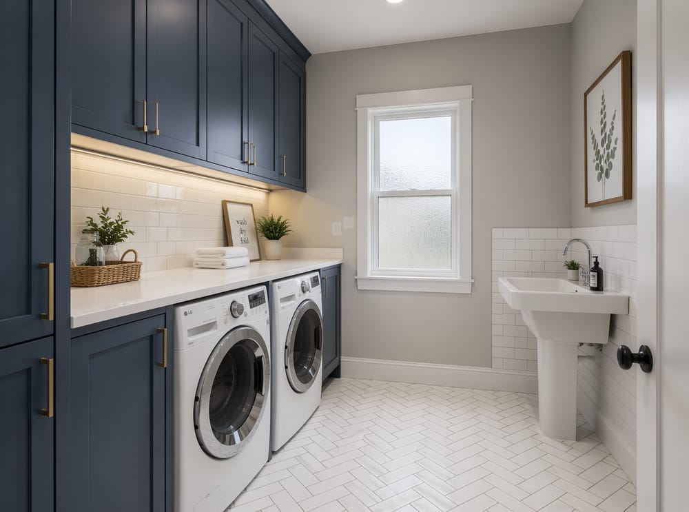 Slate blue cabinetry surround with white quartz top