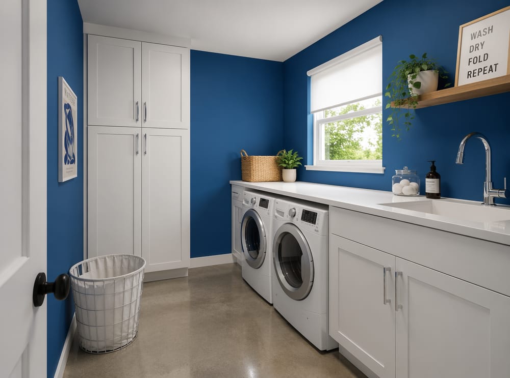 Saturated cobalt blue against all-white cabinetry