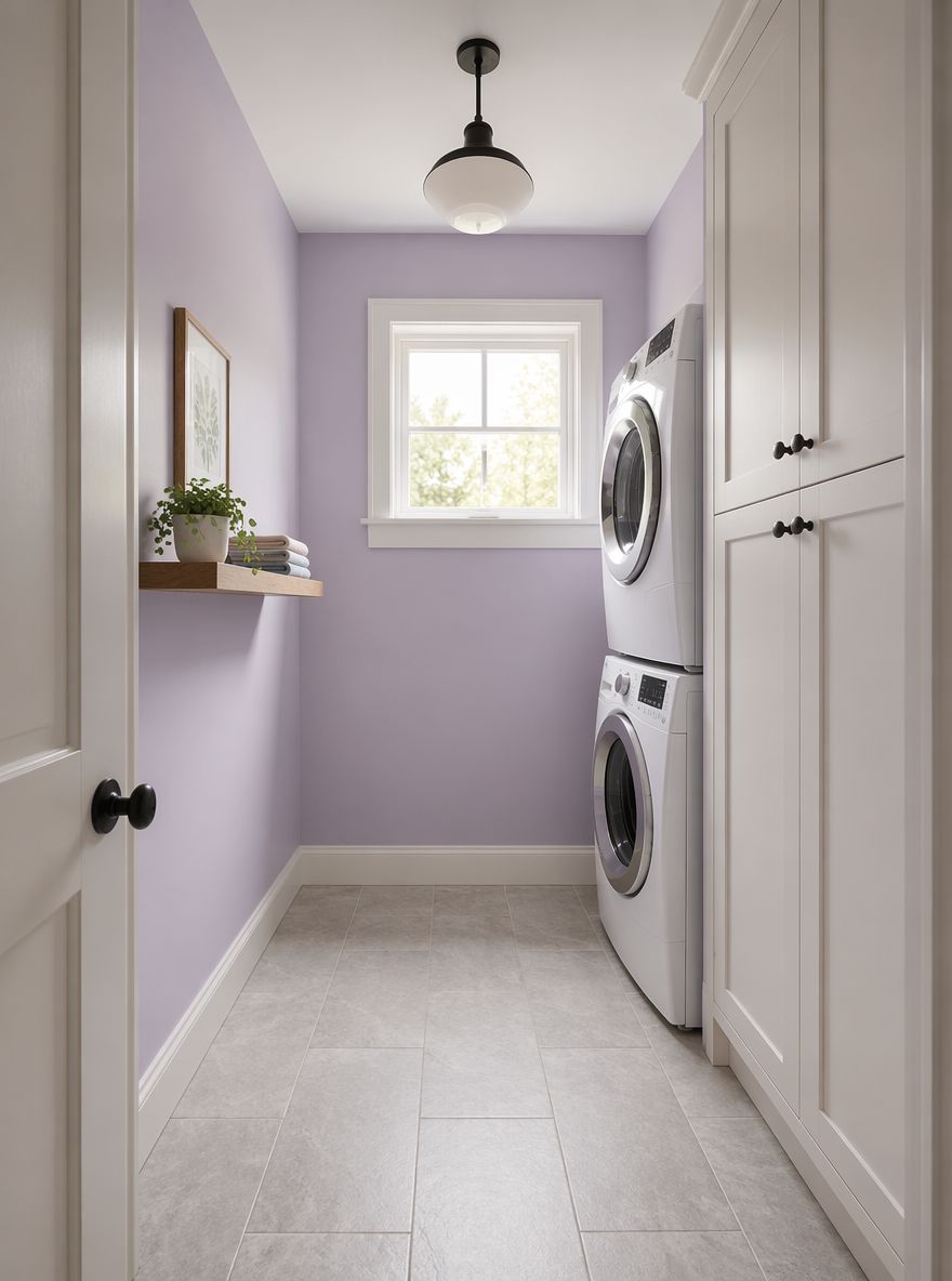 Pale lavender walls with schoolhouse pendant light