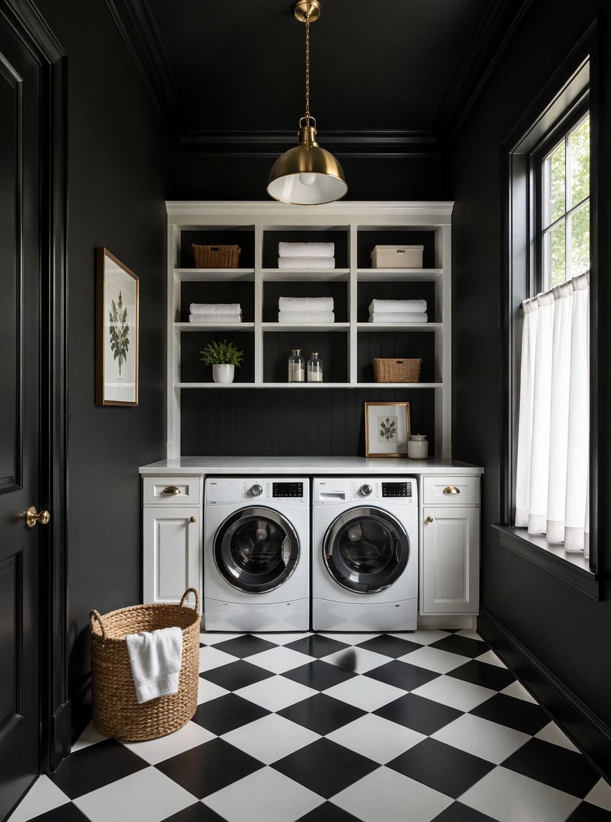 Bold black walls contrasting white built-in cabinetry