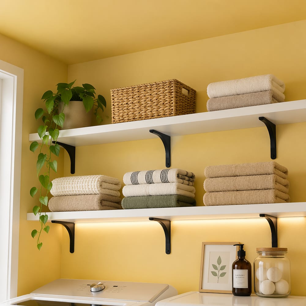 Warm yellow wall with matte black shelf brackets
