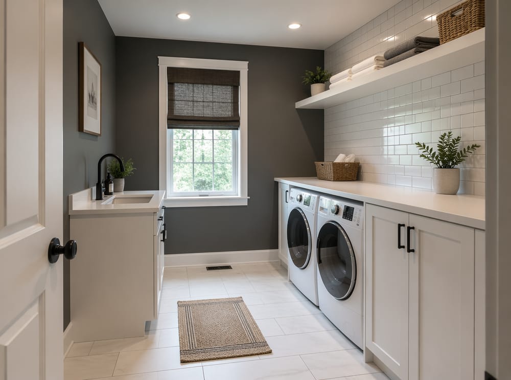 Deep slate gray walls with white subway tile backsplash