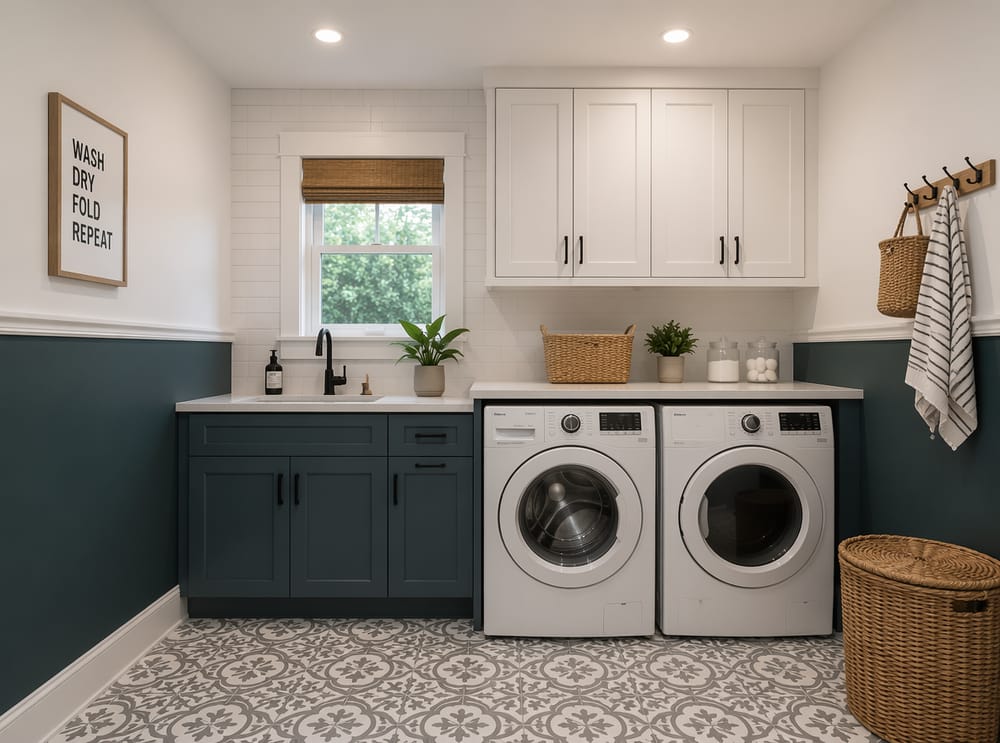 Two-tone teal and white walls with chair rail divide