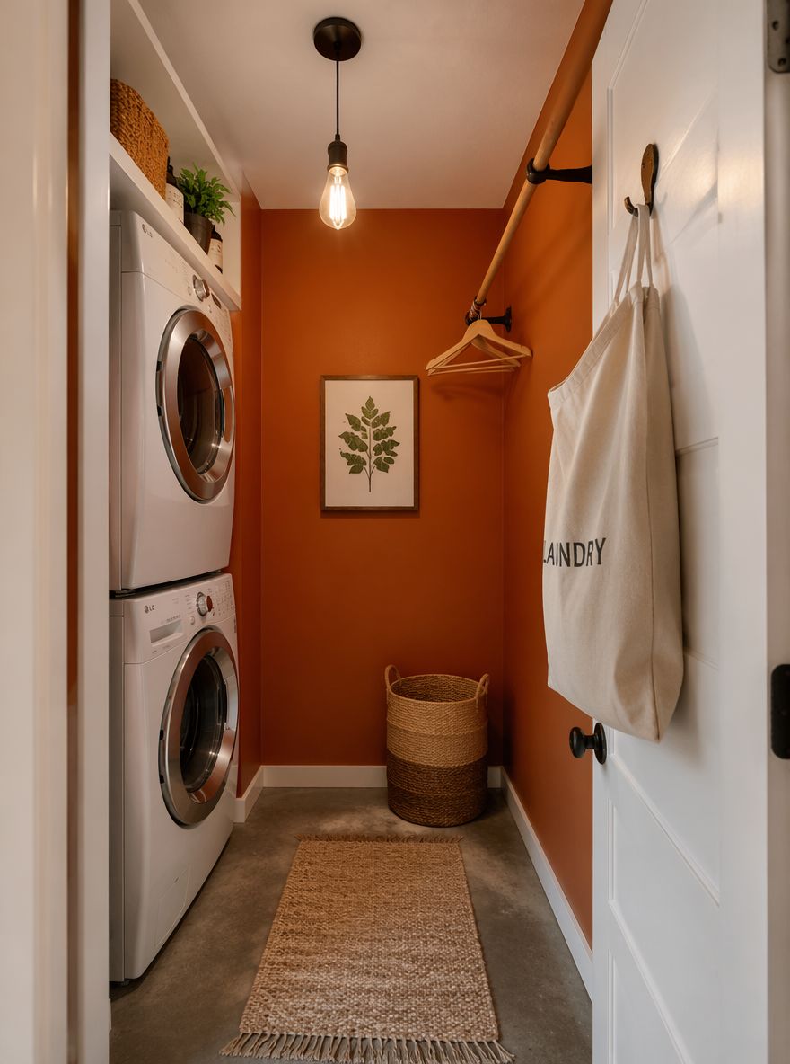 Saturated burnt orange walls with Edison pendant light