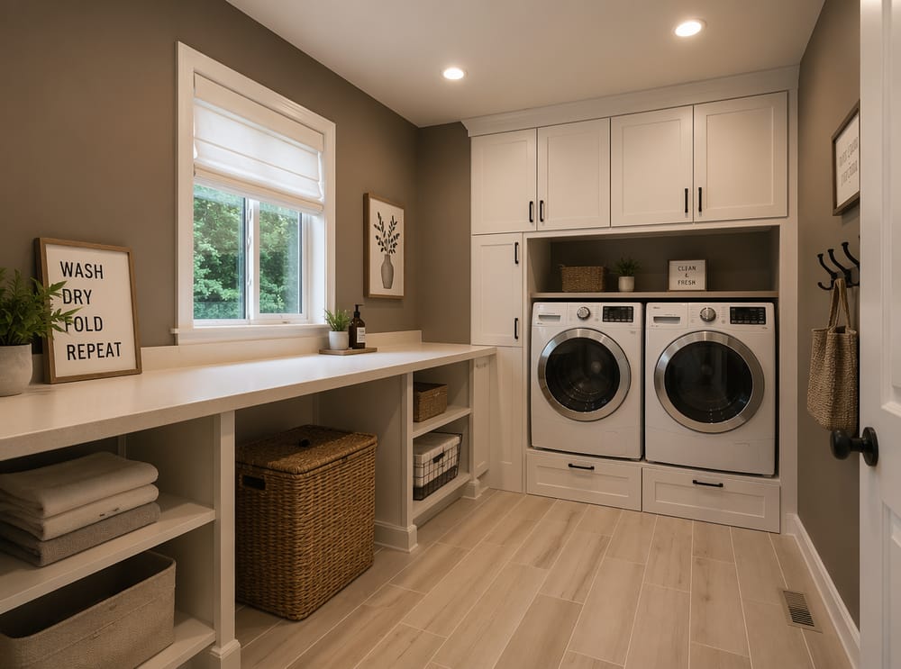 Warm gray-brown walls with long folding counter opposite